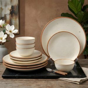 MIAH Decor Handcrafted Stoneware Dinner Set-Pack of 12-[4 Dinner Plates; 4 Quarter/Side Plates/ 4 Dinner Bowls/ ]|Cream with Brown Rim|Matte Finish|Ceramic|Microwave, Oven, Freez