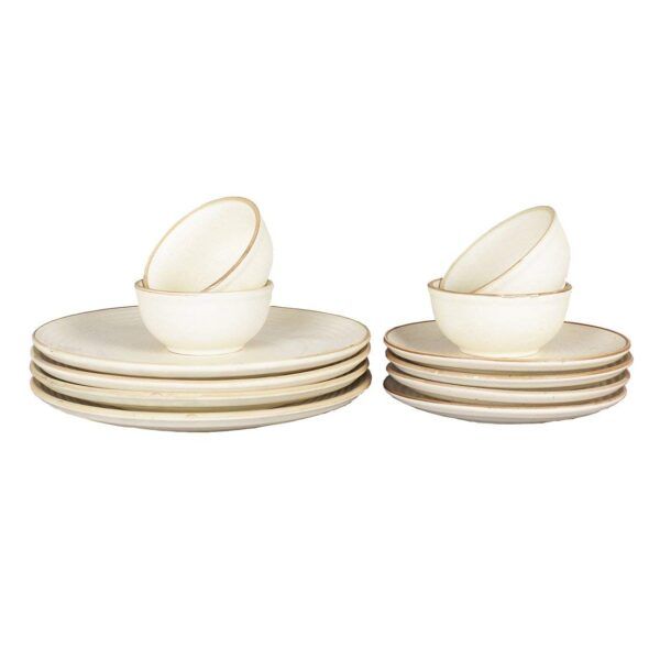 MIAH Decor Handcrafted Stoneware Dinner Set-Pack of 12-[4 Dinner Plates; 4 Quarter/Side Plates/ 4 Dinner Bowls/ ]|Cream with Brown Rim|Matte Finish|Ceramic|Microwave, Oven, Freez - Image 3