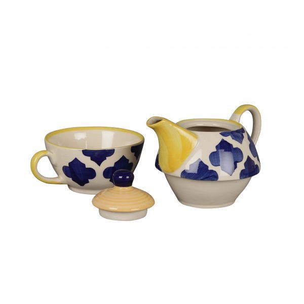 Blue-white- yellow- tri color ceramic chai coffee serving  kettle & mug set - Image 2