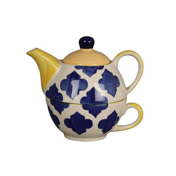 Blue-white- yellow- tri color ceramic chai coffee serving  kettle & mug set - Image 3