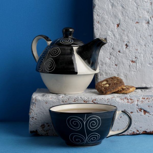 Royal blue black cream designer stoneware ceramic chai coffee serving  kettle & mug set online