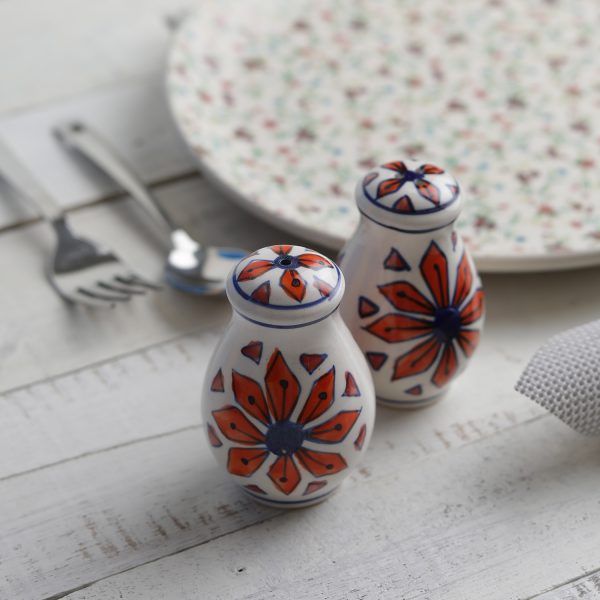 Orange-blue-white ceramic hand painted salt & pepper shakers for sale