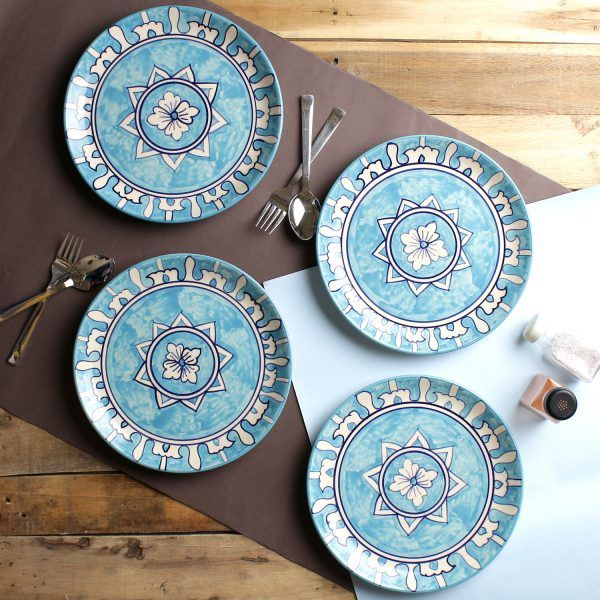 Blue color designer funky hand-painted 10-inch  ceramic dinner plates (set of 4) for sale online