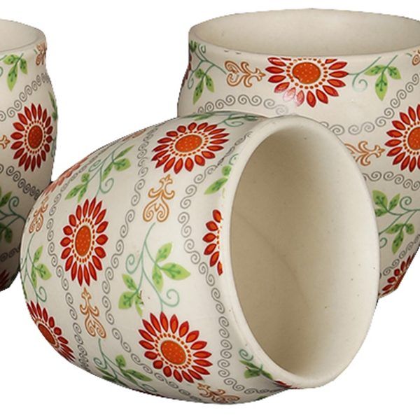 Orange  green floral patterned white matte finish decal ceramic kullad mugs for chai coffee serving -set of 6 - Image 3