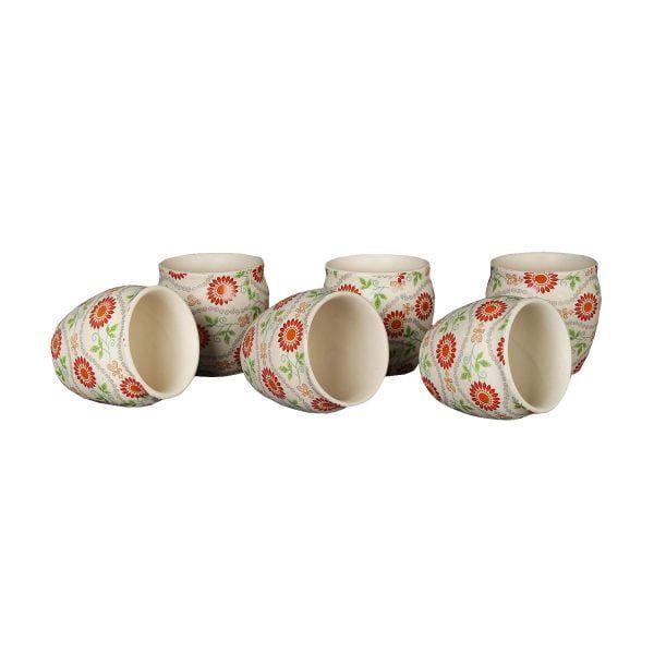 Orange  green floral patterned white matte finish decal ceramic kullad mugs for chai coffee serving -set of 6 - Image 4