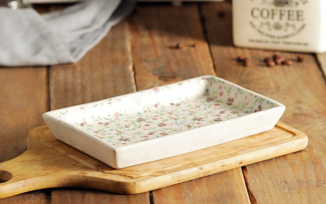 White-pink flower pattern handmade ceramic  platter6″x 4″ -set of 2, latest range of premium platters available