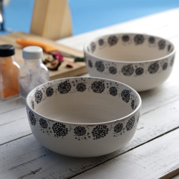 Handcrafted Decal Black Flowers 7 -inch  Ceramic Serving bowls -Set of 2