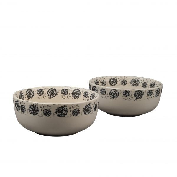 Handcrafted Decal Black Flowers 7 -inch  Ceramic Serving bowls -Set of 2 - Image 3