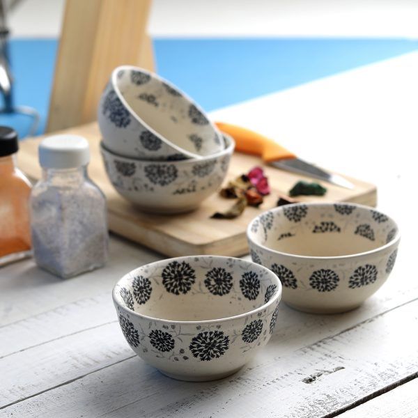 Handcrafted Decal Black Flowers 4 -inch  Ceramic Dinner Bowls-Set of 4