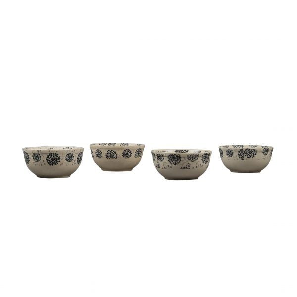 Handcrafted Decal Black Flowers 4 -inch  Ceramic Dinner Bowls-Set of 4 - Image 2