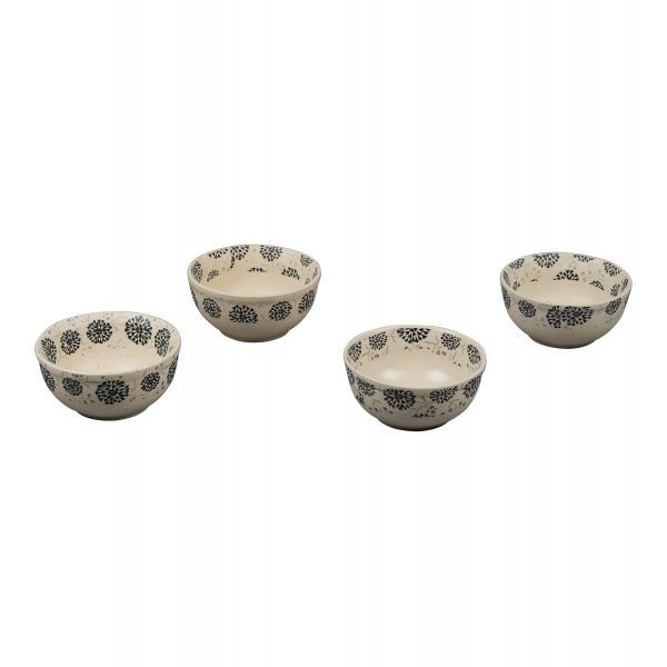 Handcrafted Decal Black Flowers 4 -inch  Ceramic Dinner Bowls-Set of 4 - Image 3