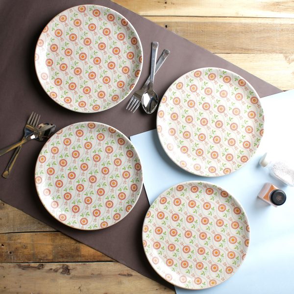 Handcrafted Decal Rust Flowers  10-inch  Ceramic Dinner Plates -Set of 4