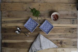 Contemporary white-blue modern patterned premium decal platter 4"x 4" -set of 2