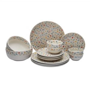 MIAH Decor Handcrafted Floral Ceramic/Stoneware Dinner Set of 14 (Spring Collection) [4 Dinner Plates; 4 Quarter/Side Plates/ 4 Dinner Bowls/ 2 Serving Bowls]; Multicolour Matte Finish-Microwave,Freezer,Dishware Safe - Image 2