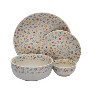 MIAH Decor Handcrafted Floral Ceramic/Stoneware Dinner Set of 14 (Spring Collection) [4 Dinner Plates; 4 Quarter/Side Plates/ 4 Dinner Bowls/ 2 Serving Bowls]; Multicolour Matte Finish-Microwave,Freezer,Dishware Safe - Image 3