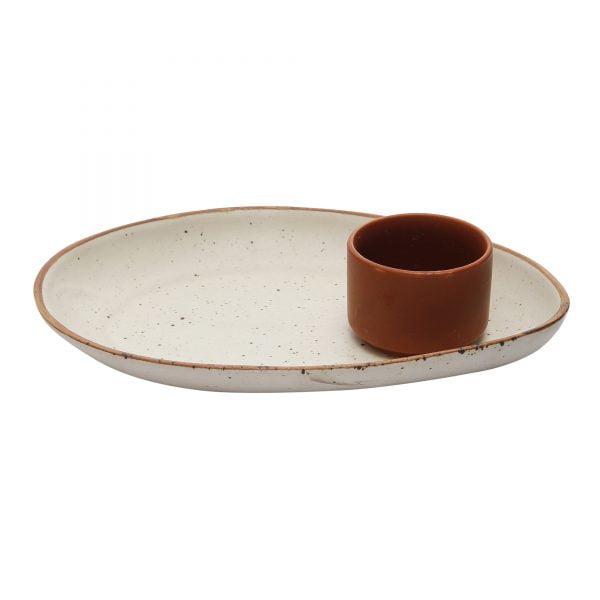 Handcrafted Matt Finish Stoneware Oval Platter with Terracota Dip Bowl - Image 2