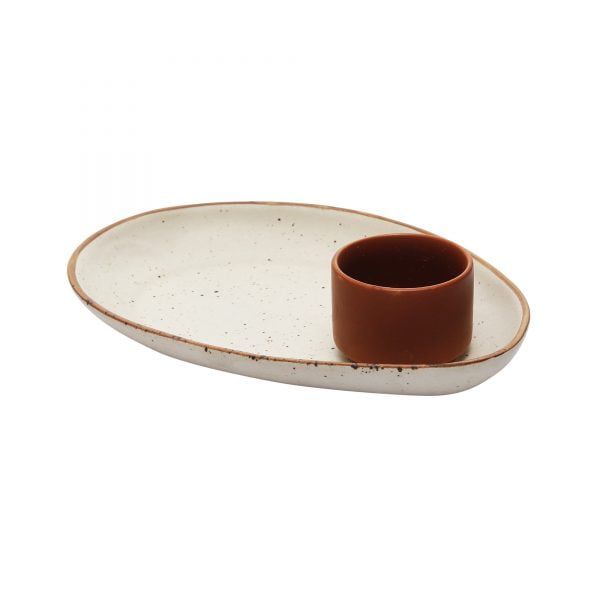 Handcrafted Matt Finish Stoneware Oval Platter with Terracota Dip Bowl - Image 3