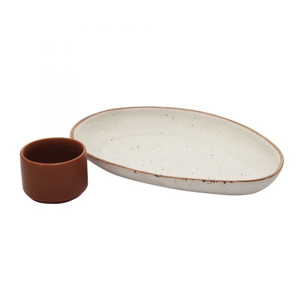 Handcrafted Matt Finish Stoneware Oval Platter with Terracota Dip Bowl - Image 4