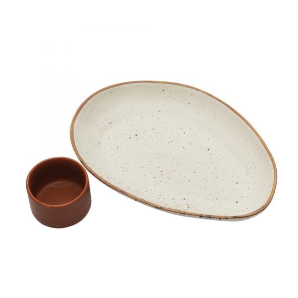 Handcrafted Matt Finish Stoneware Oval Platter with Terracota Dip Bowl - Image 5