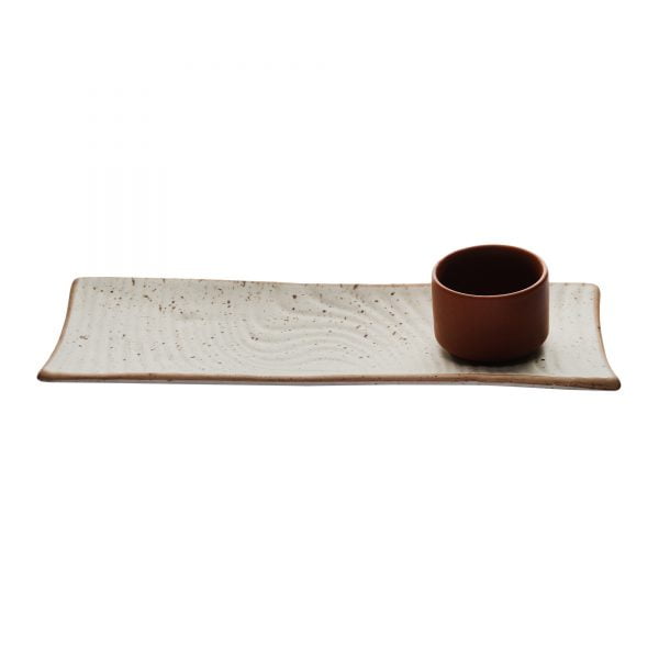 Handcrafted Matt Finish Biege Stoneware Platter with terracota Dip bowl - Image 2