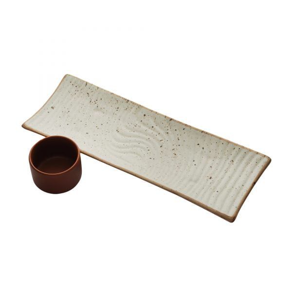 Handcrafted Matt Finish Biege Stoneware Platter with terracota Dip bowl - Image 5