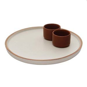 Handcrafted Matt Finish Round Biege Stoneware Platter with 2 terracota Dip bowls - Image 2