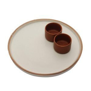 Handcrafted Matt Finish Round Biege Stoneware Platter with 2 terracota Dip bowls - Image 3