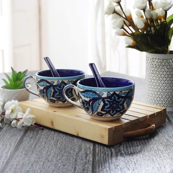 Handcrafted Double Glazed Rich Blue Morroccon Soup Bowls with Spoon Set-Pack of 2