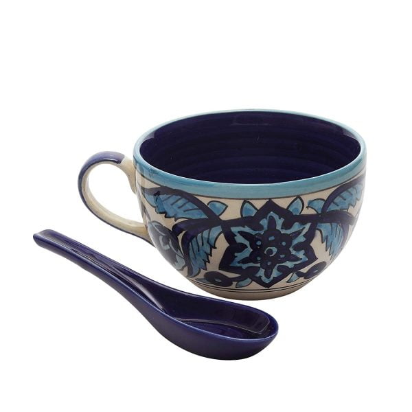 Handcrafted Double Glazed Rich Blue Morroccon Soup Bowls with Spoon Set-Pack of 2 - Image 2