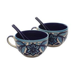 Handcrafted Double Glazed Rich Blue Morroccon Soup Bowls with Spoon Set-Pack of 2 - Image 3
