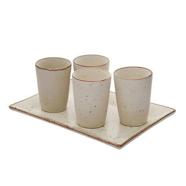 Handcrafted Matt Finish Rustic Biege Stoneware Platter with 4 tumblers -Pack of 5 - Image 4