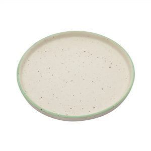 Handcrafted Matt Finish Round Biege Stoneware Platter with sea green rim- - Image 3