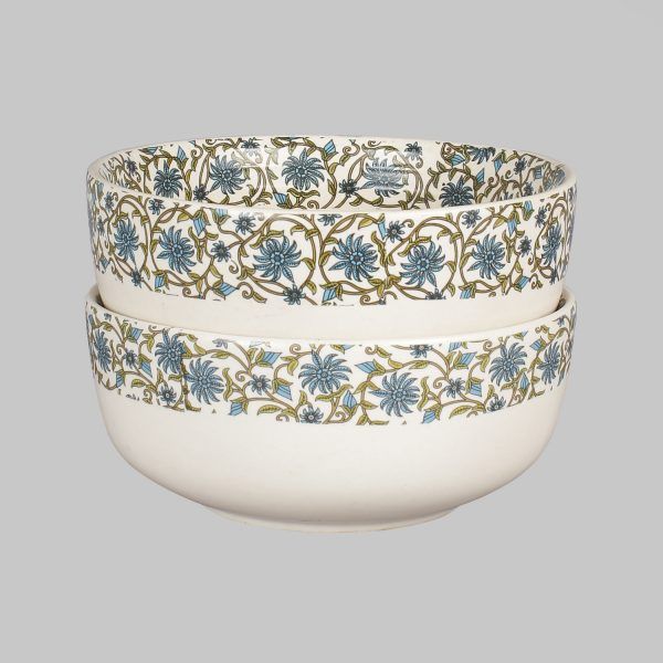 Decorative handcrafted border blue patterned matte finish 7" cream serving bowl -set of 2, bets for serving soup - Image 2