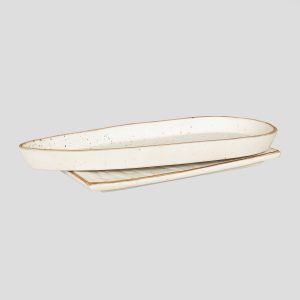 Leaf shaped ceramic  matt finish stoneware flat serveware platter set of 2 for sale online - Image 3