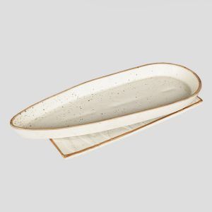 Leaf shaped ceramic  matt finish stoneware flat serveware platter set of 2 for sale online - Image 4