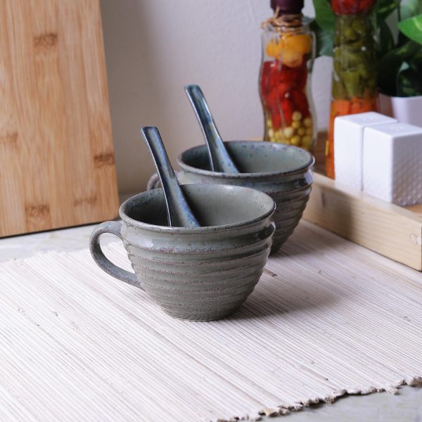 Ceramic Crafted Soup Bowls With Attached Handles And Spoon [Green]-Set of 2