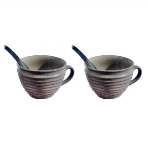 Ceramic Crafted Soup Bowls With Attached Handles And Spoon [Green]-Set of 2 - Image 3