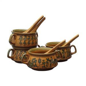 Ceramic Soup Bowls with Double Handles & Spoons Set-Pack of 4| Hand-Painted Warli Art |Microwave Safe & Dishwasher Safe|MDCF-111|Sand Yellow|Dimensions-6"X4"x2.2", 350 ml,283 GMS - Image 2