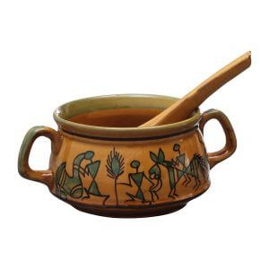 Ceramic Soup Bowls with Double Handles & Spoons Set-Pack of 4| Hand-Painted Warli Art |Microwave Safe & Dishwasher Safe|MDCF-111|Sand Yellow|Dimensions-6"X4"x2.2", 350 ml,283 GMS - Image 3