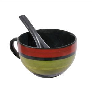 Ceramic Crafted Soup Bowls With Attached Handles And Spoon [Multi Colored: Black, Green And Red]-Set of 2 - Image 2