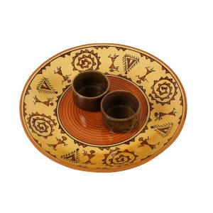 Ceramic Designer Madhubani Platter With Attached Bowls: Browns - Image 4