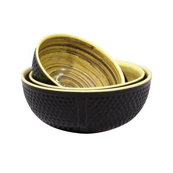 Ergonomic Crafted Nestled Serving Bowls (3 Sizes): Solid Black & Mustard - Image 2