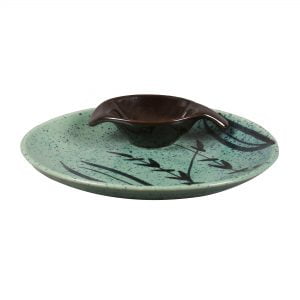 Ceramic Designer Floral Platter With Attached Bowl: Turquoise And Black Color - Image 2