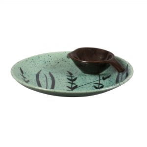 Ceramic Designer Floral Platter With Attached Bowl: Turquoise And Black Color - Image 3