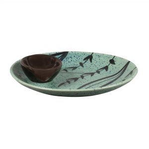 Ceramic Designer Floral Platter With Attached Bowl: Turquoise And Black Color - Image 4