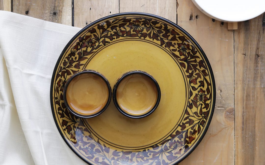 Designer Platter With Attached Bowls, Classic Floral Border Designed, Brown Set In Gold.