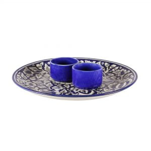 Ceramic Designer Platter With Attached Bowl, Intricate Mughal Design: Blue And White Color - Image 2