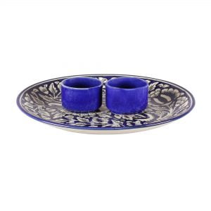 Ceramic Designer Platter With Attached Bowl, Intricate Mughal Design: Blue And White Color - Image 3