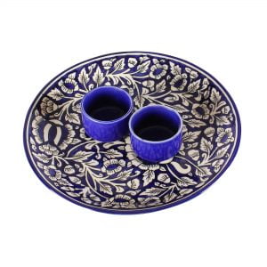 Ceramic Designer Platter With Attached Bowl, Intricate Mughal Design: Blue And White Color - Image 4