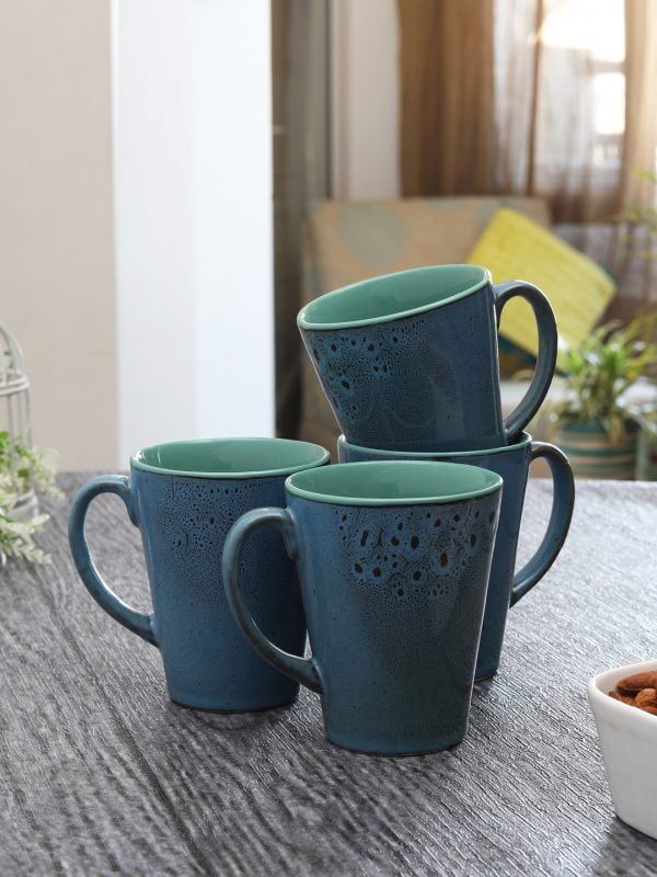 Handcrafted Studio Pottery Mugs-Teal Blue (Set of 4)(L:4.7in, W: 3.4in, H: 4.3in)